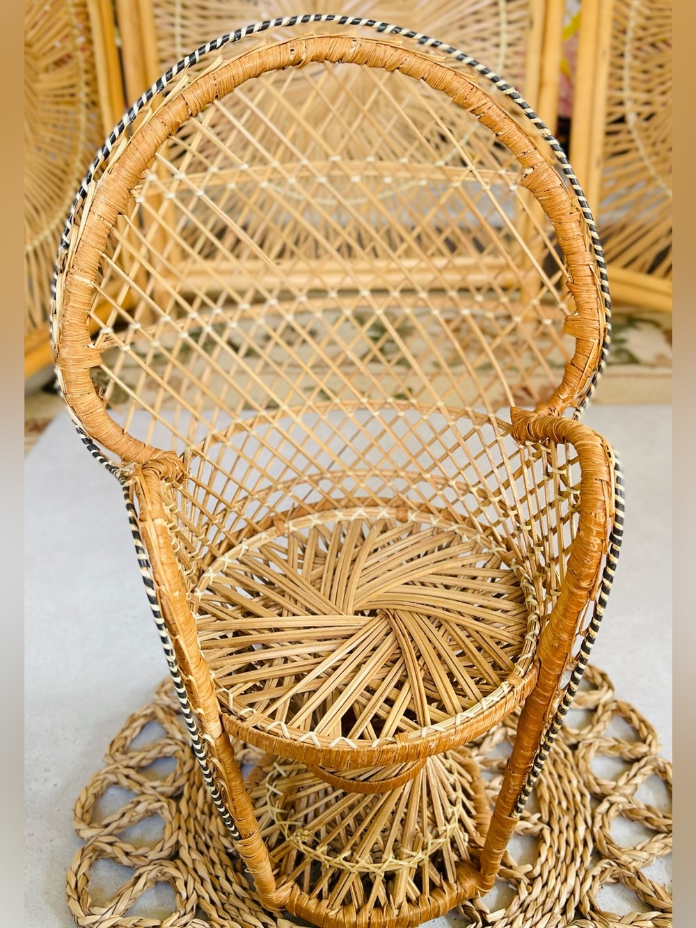 Vintage Mini Rattan Woven Peacock Chair Doll Plant Stand Boho Decor
